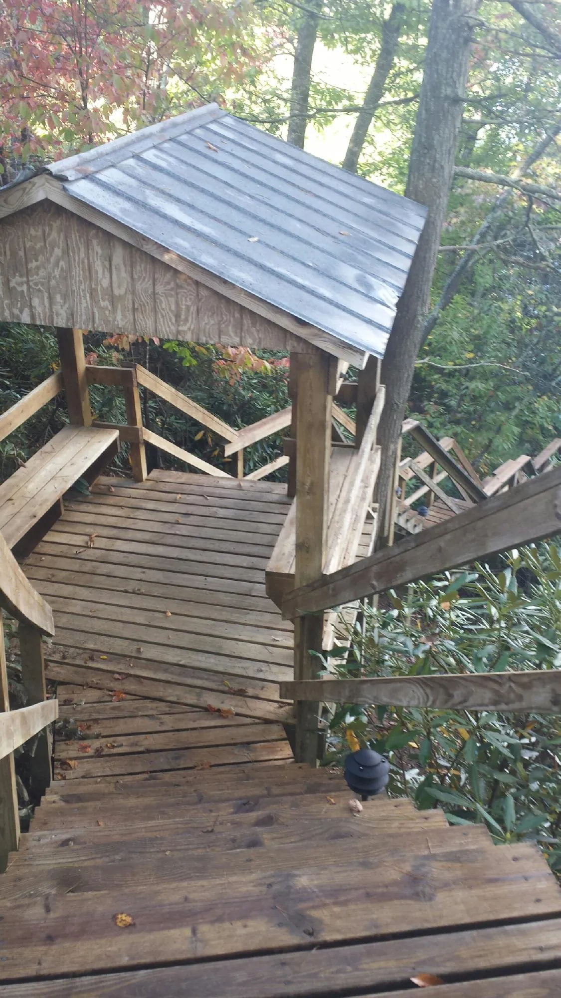 Metal roofed shelter over wooden steps on a wooded walkway — Skylight Repair & Installation work by our crew in Avalon